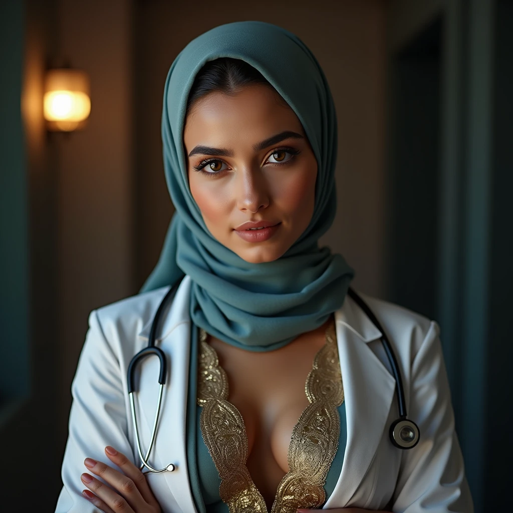a beautiful hijabi doctor, beautiful detailed eyes, beautiful detailed lips, extremely detailed eyes and face, long eyelashes, beautiful pakistani woman, traditional pakistani outfit, hijab, navel visible, sexy attire, gold waist chain, showing navel, high quality, photorealistic, 8k, detailed, masterpiece, realistic, vivid colors, professional, studio lighting