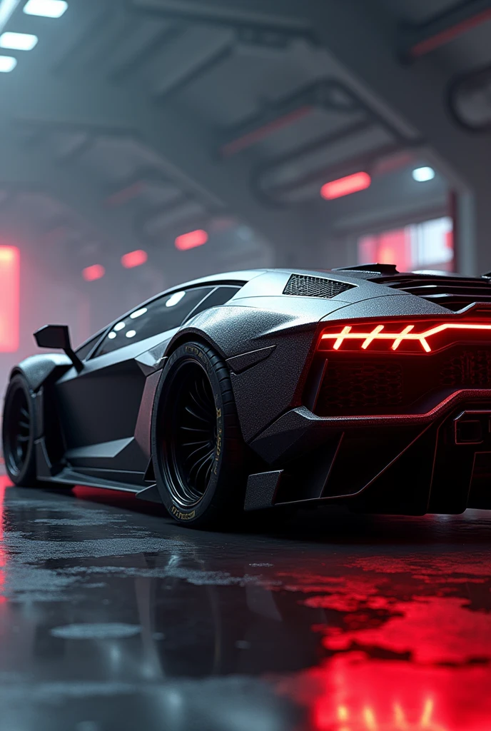 Matte black Lamborghini with very wide drift bodykit with LED lights at the back and very wide wheels, sample and details similar to the Delorean from Back to the Future, 4K