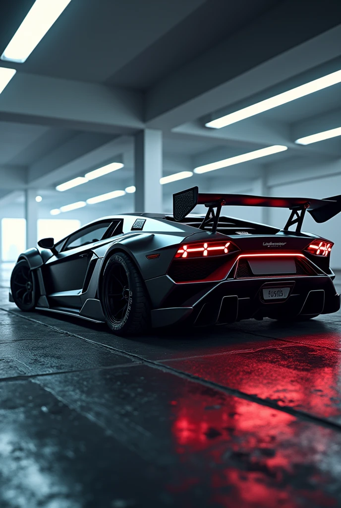 Matte black Lamborghini with very wide drift bodykit with LED lights at the back and very wide wheels, sample and details similar to the Delorean from Back to the Future, 4K