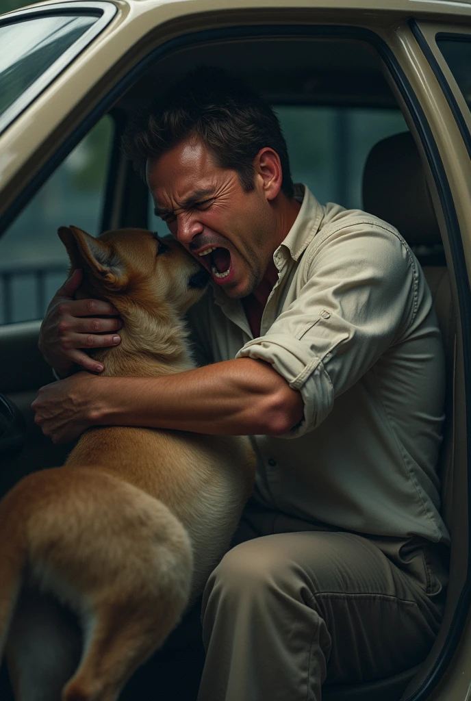A man lies face down in a car seat while a dog bites his hip. The man is shouting
