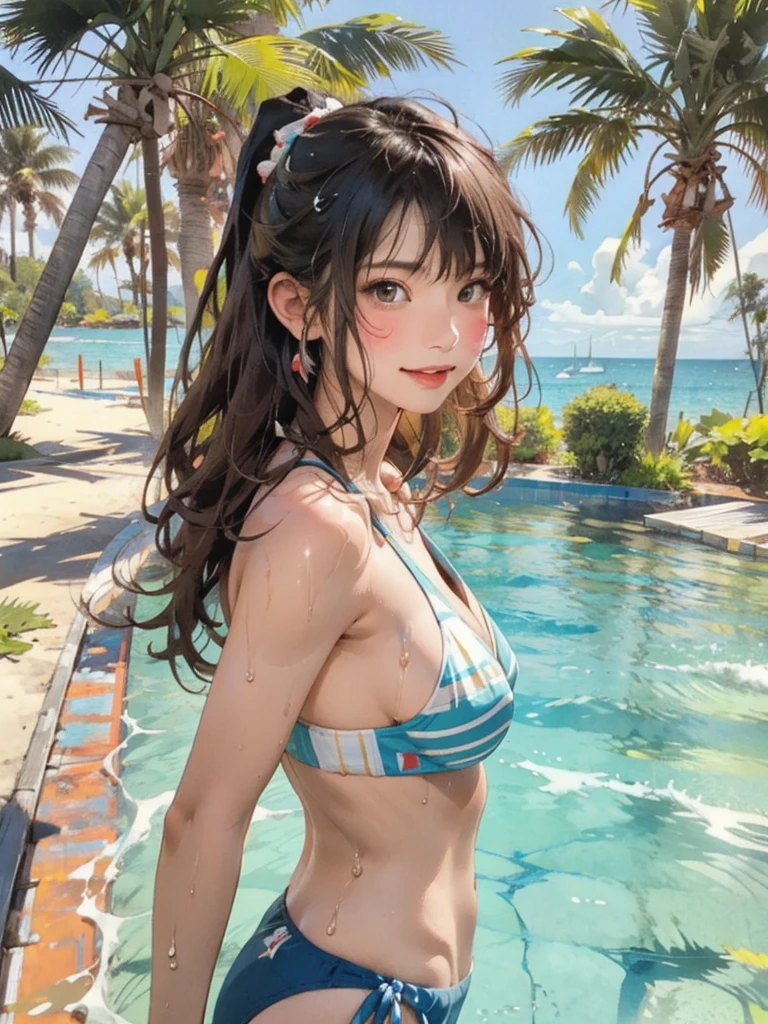 ((highest quality, masterpiece, High resolution)), ((reality)),Photos of beautiful Japanese women,((anime art))、 (((1 girl))), normal size breasts, slim body shape, long ponytail,double eyelid, Wet see-through bikini,Clean abs,muscular body, A pareo with bold ethnic patterns and plenty of primary colors、(Brown skin:1.4),realistic skin、Wet,whole body,cinematic light、tropical、Against the background of palm trees on both sides、on a sunny beach、With the sea in the background、blur background、smile