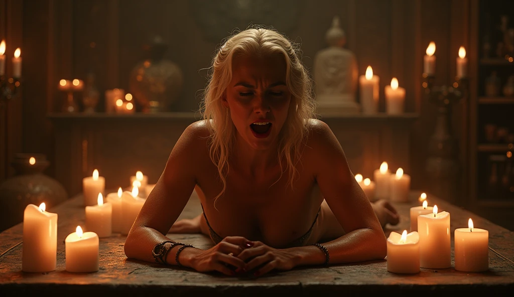 Arya Stark nude, bondage on a bed in a dark, candle lit room of winterfell, 8k, uhd, pale skin with scars