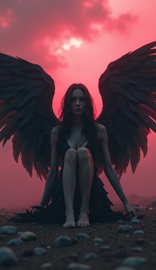 naked girl in city, vampire, feather wings, nude