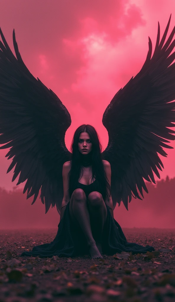 https://s.mj.run/BYJwdb1XBlo https://s.mj.run/wG-HE46wv9Q a woman with wings on the ground sitting under clouds, in the style of dark pink and dark crimson, antichrist, changelingcore, haunting images, manticore, photo-realistic hyperbole, mythological references 