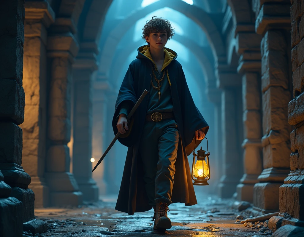 a teenager with light brown hair, which are thick and of medium length, falling lightly on your forehead. His eyes are grey, giving it a deep and captivating look, which complements his charismatic appearance is tall and has an athletic build, Your posture is upright and confident, reflecting his fair and determined nature. He is walking inside a magical castle at night, with a wand in one hand and a lantern in the other, He is wearing Hufflepuff house clothes which have black and yellow colors on the clothing.