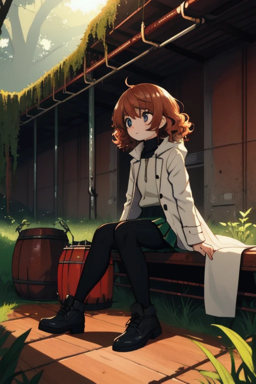 full body, a girl, a pretty woman, close up, face focus, curly hair, short copper-colored hair tinged with gold, white coat, blue see-through skirt, see-through leggings, she is sitting in rushed Dilapidated collapsed manufacture facility steel room, rusted steel pipes, rusted iron barrels, rusty iron trusses and shelves, rusted steel pipes, rusted iron barrels, rusted iron trusses and shelves, small containers and drink cans scattered all over the floor, damaged floors with potholes, dripping waters, Water dripping from the roof, overgrown shrubs, overgrown by vines weeds, shaded by greenery, green water submerged, grass, tree canopy, elegant sunlit, weak light and shadows, canopy, sunlit, weak lights and shadows,
