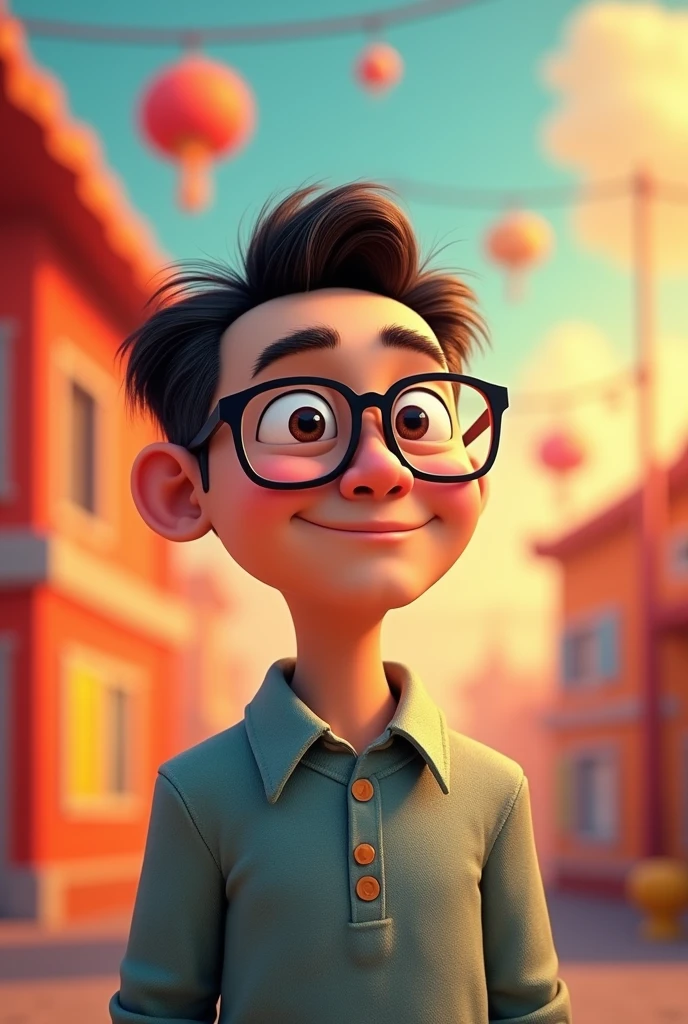 An animated Chinese person man with thick black and white glasses