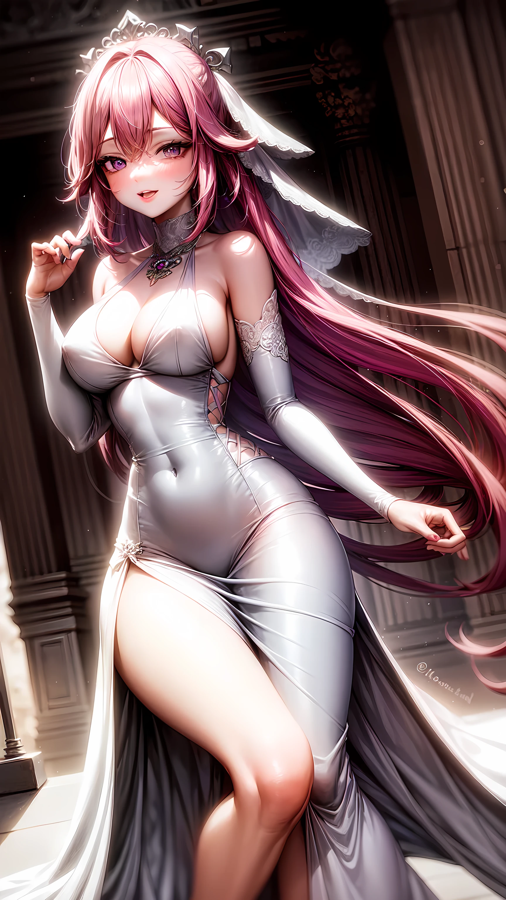 purple eyes,Wedding dress,long skirt,pink hair