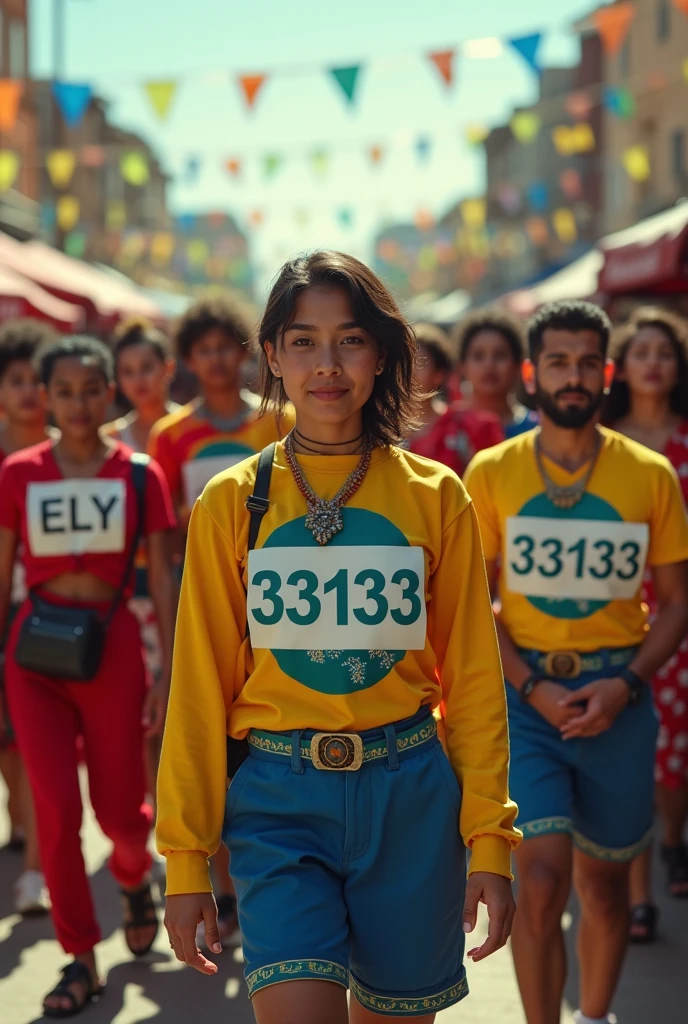 Create video of diverse people wearing clothing symbolizing the flag of Pernambuco holding signs with the name Ely and the number 33133 at a community fair