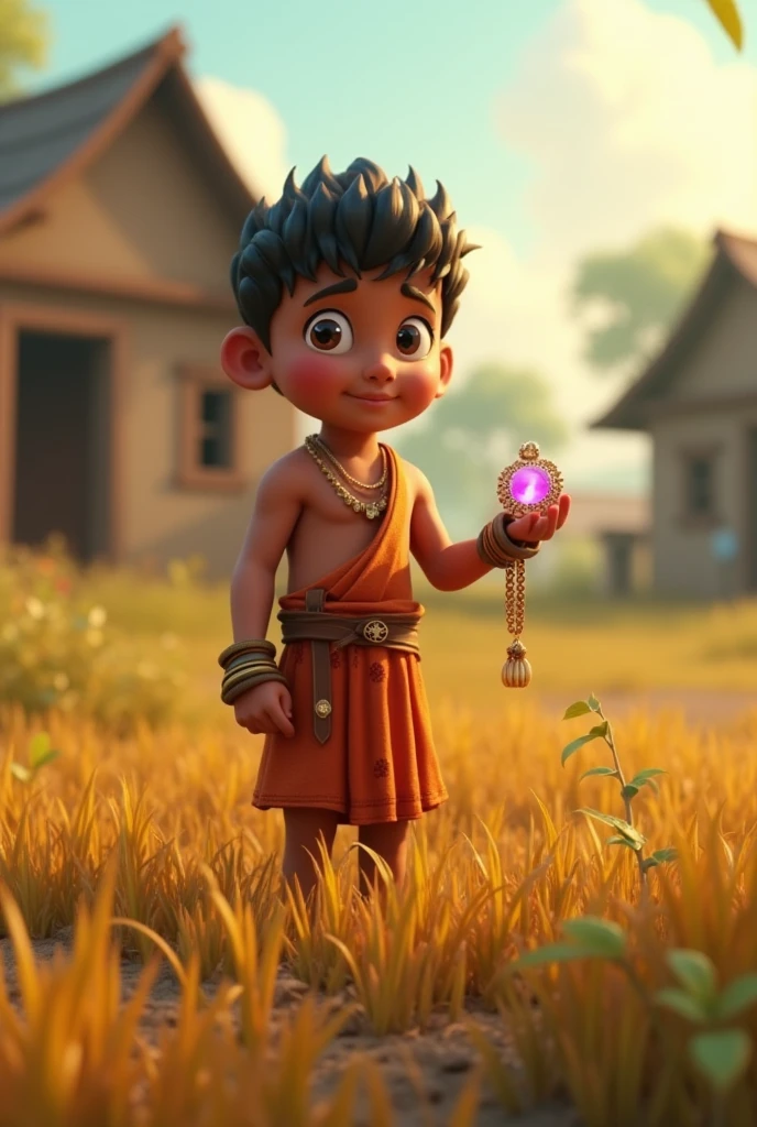 In cinematic 3d cartoon style '**Title: मोहन की अच्छाई**
**Description:** A picturesque village scene featuring a young, hardworking boy namedwho looks like MMA Fighter Bas Rutten in traditional attire, working diligently in a field. In the background, there is a glimpse of a small, simple village with modest houses. The focus is on मोहन discovering a beautiful, sparkling piece of jewelry in the field. The jewelry is prominently displayed, reflecting its beauty. In another part of the scene, मोहन is seen presenting the jewelry to the village chief, who looks impressed. Finally, depict मोहन using the money received from the chief to repair a village school and helping impoverished villagers. The overall atmosphere should be warm and filled with a sense of community and goodwill'