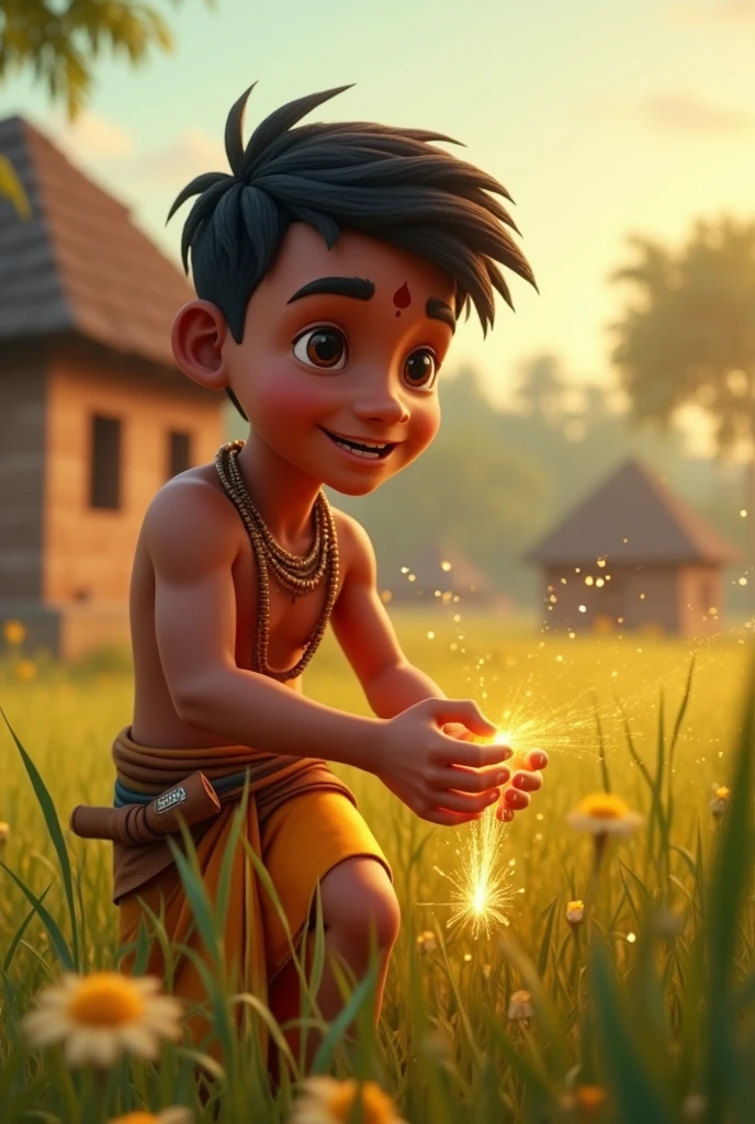 In cinematic 3d cartoon style '**Title: मोहन की अच्छाई**
**Description:** A picturesque village scene featuring a young, hardworking boy namedwho looks like MMA Fighter Bas Rutten in traditional attire, working diligently in a field. In the background, there is a glimpse of a small, simple village with modest houses. The focus is on मोहन discovering a beautiful, sparkling piece of jewelry in the field. The jewelry is prominently displayed, reflecting its beauty. In another part of the scene, मोहन is seen presenting the jewelry to the village chief, who looks impressed. Finally, depict मोहन using the money received from the chief to repair a village school and helping impoverished villagers. The overall atmosphere should be warm and filled with a sense of community and goodwill'