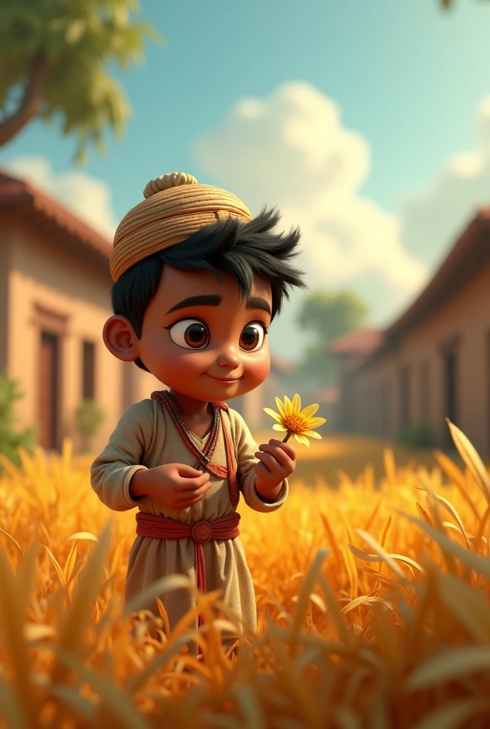 In cinematic 3d cartoon style '**Title: मोहन की अच्छाई**
**Description:** A picturesque village scene featuring a young, hardworking boy namedwho looks like MMA Fighter Bas Rutten in traditional attire, working diligently in a field. In the background, there is a glimpse of a small, simple village with modest houses. The focus is on मोहन discovering a beautiful, sparkling piece of jewelry in the field. The jewelry is prominently displayed, reflecting its beauty. In another part of the scene, मोहन is seen presenting the jewelry to the village chief, who looks impressed. Finally, depict मोहन using the money received from the chief to repair a village school and helping impoverished villagers. The overall atmosphere should be warm and filled with a sense of community and goodwill'