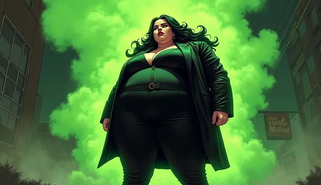 Beautiful long haired morbidly obese female mob boss in her 20s wearing a black mobster suit farts out an olive green gas cloud from her butt, comic artstyle