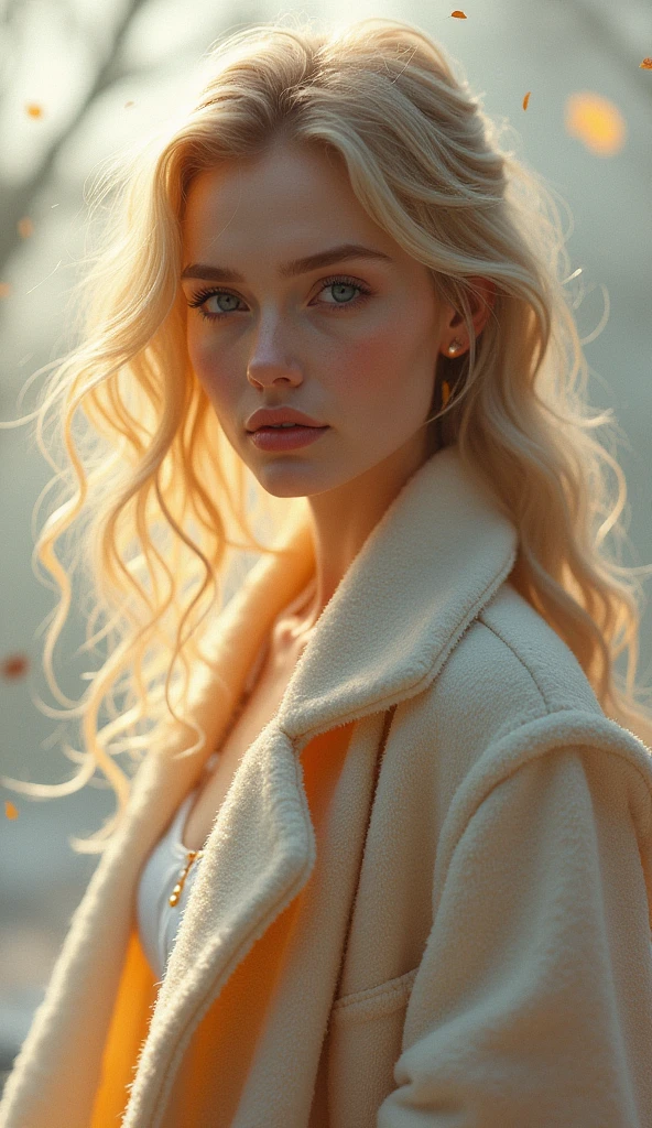 a beautiful white americann woman in an autumn winter coat, in the style of tanya shatseva, colorist, magewave, body extensions, glowwave, soft mist, handsome