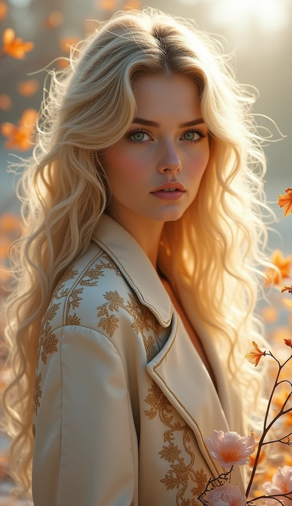 a beautiful white americann woman in an autumn winter coat, in the style of tanya shatseva, colorist, magewave, body extensions, glowwave, soft mist, handsome