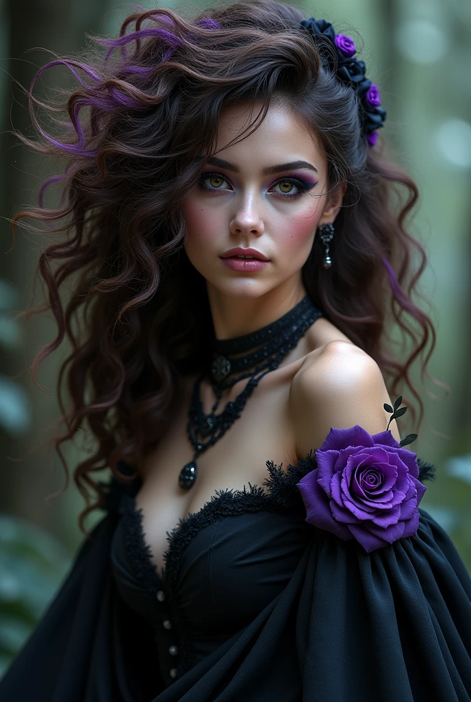 Witch with curly brown hair with blonde and purple highlights, dark skin and very beautiful and stylish gothic 