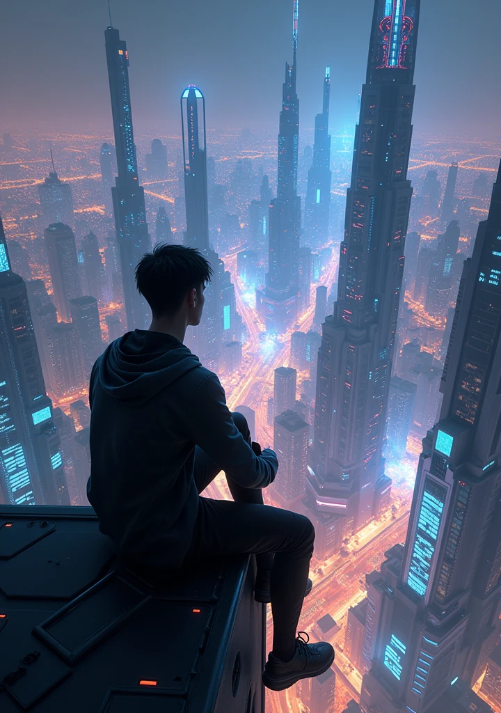 Generate me the image of a young man sitting on a building watching the city at night, buildings with incredible lights, cyber punk style, photorealist