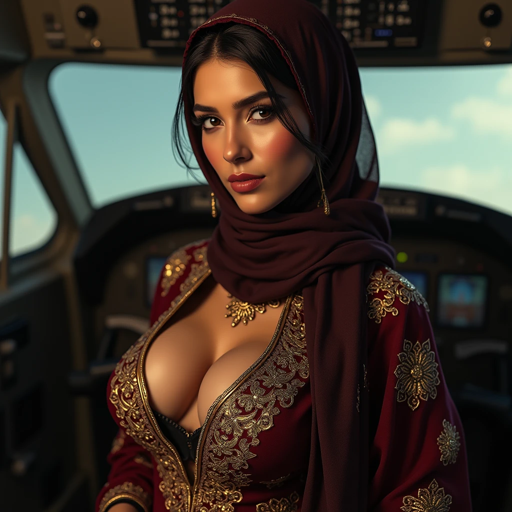 Sexy Busty beautiful cute Traditional Pakistani Hijabi Muslim Pilot exotic look attire. Revealing her body navel 