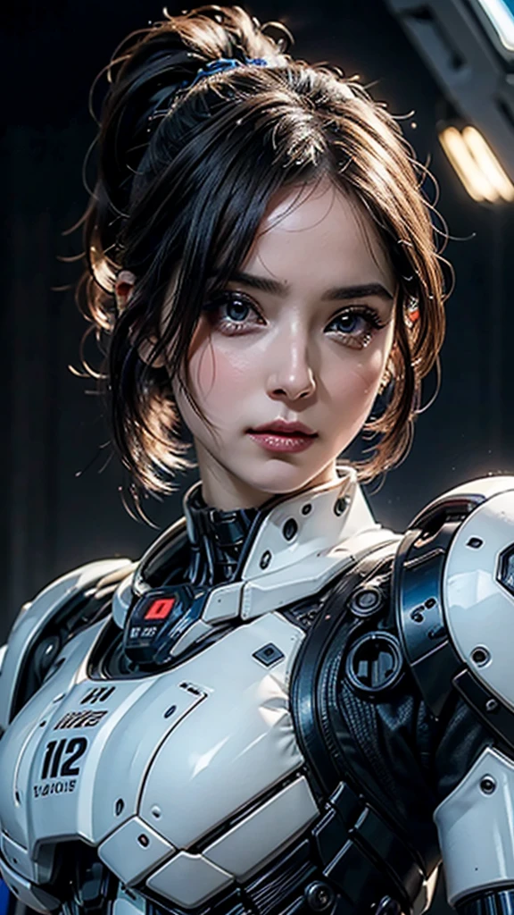((Beautiful Face:1.2)), Half Body,masterpiece, Highest quality, Ultra-realistic, Ultra-detailed, 8k resolution, RAW Photos, Sharp focus, (One person), alone, Gorgeous face, Perfect body, Mature Woman, Age 25, Portraiture, Mecha, White Armor, Nanosuit, sexy, ponytail, Cinematic, Cinematic light, Large Breasts