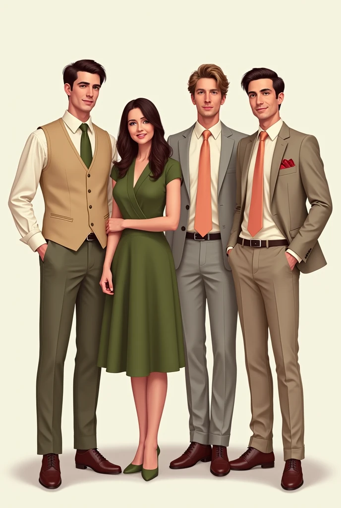 man in beige vest and pants with olive green tie, a woman in an olive green dress, another woman in a peach dress, and another man in a light gray jacket and light gray pants, with peach tie