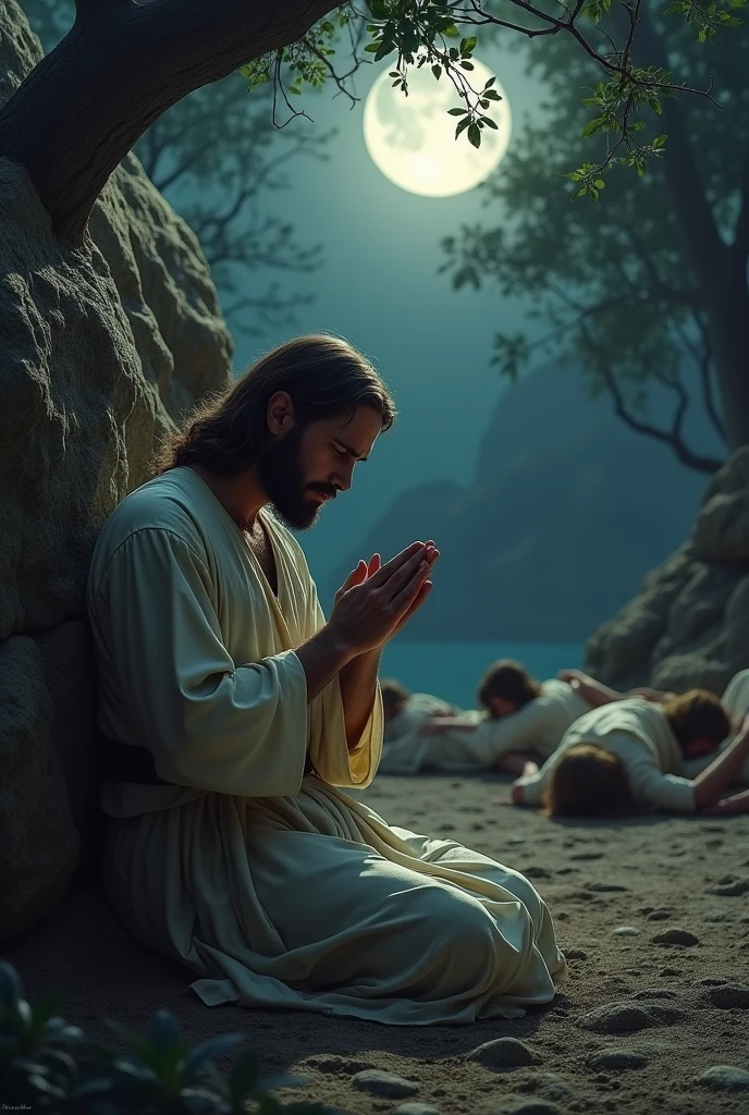 Jesus kneeling, hands on big rock in prayer, his face showing deep sorrow and anguish. He is alone, with a few of his disciples asleep nearby under trees. The environment is dimly lit by a full moon