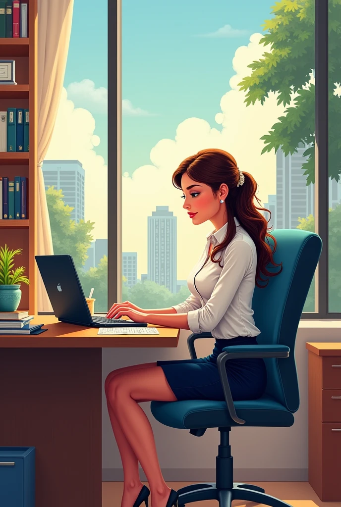 Coloring picture of a female accountant, office dress, sitting at a desk with her laptop. In the back there is a window and file shelves