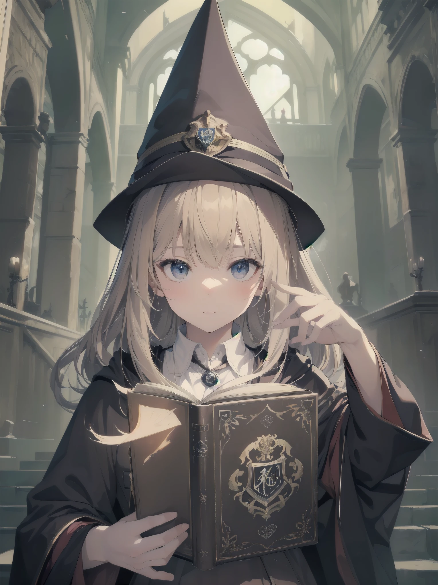 Masterpiece, Top Quality, Absurd, High Resolution, Subject Seismic, Animation Style Illustration with Mock Pause, 1 Girl, Solo, Cute random hairstyle, beautiful random expression and face, random age, slender, random clothing for situation,wizard robes, wand, magical castle, owl, spell book, (Hogwarts: 1.2), magic, wonder, (Harry Potter inspired: 1.3), mysterious atmosphere, details