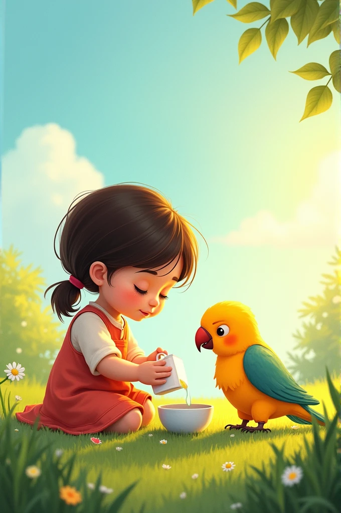 Every day,  Mishal would give him water."

Prompt: An illustration of  while Mishal is pouring water into a small bowl for the parrot. The setting is outdoors near their house, with green grass and a bright sky.