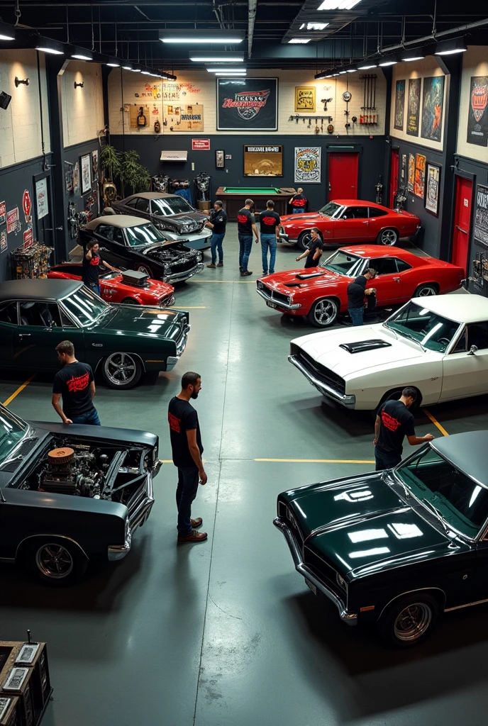 Modern contemporary motorcycle and car workshop design (6 motorcycles and 7 cars) large and very spacious, very well lit, On the second floor are the offices and a recreational area with a bar and a pool table., well-defined complete cars, well-defined complete motorcycles, open hoods, six male mechanics (The mechanics wear worn-out jeans and black t-shirts with the mechanic&#39;s logo in red.), (posters, hanging tool, well decorated walls, black walls), (rock or heavy metal atmosphere), wide angle photography from above, realistic photography, 8k, la Best Quality, (photorealistic) (Best Quality) (intricate details) (cinematic lighting) (sharp focus) 
ford impala 1967 ????? mate | dodge charger rt 1970 blanco | pontiac gto 1970 dark green | plymouth barracuda 1969 red | lincon continental ????? 
scout bobber Indian verde | harley davidson low riders negra | royal enfield alter ego negra | triumph bonneville bobber blanca