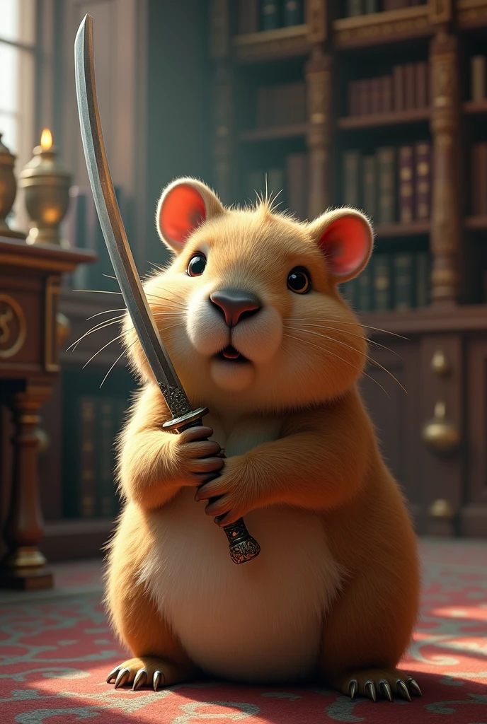 a very cute capybara holding a sword a wazamono sword (zoro's sword) in a Harry Potter style library