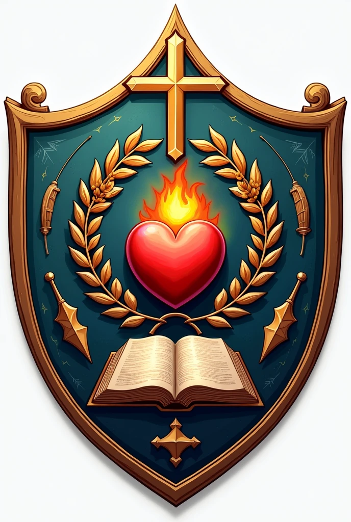 Create me the shield of a school that has the following: laurel wreath, cruz, Heart on fire, a dart and the bible