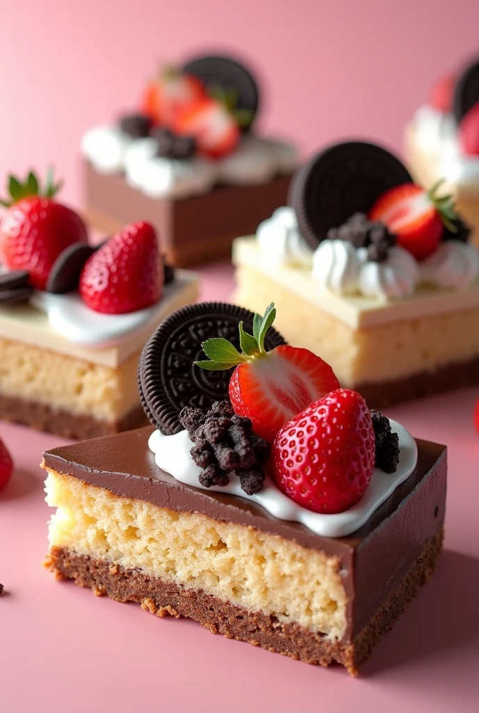 (photorealism:1.2), Chocolate cake slices and vanilla cake slices, with oreo, delicacy, strawberries, chantilly cream and make the dough moist so that it looks like three milks