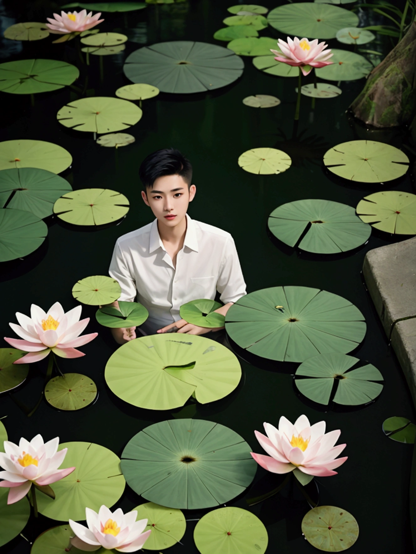 hv, 1 Handsome chinese slim guy, 20 years old, undercut short Hair, delicate face,flower,lily pad,scenery,lotus,leaf,light particles,nature,outdoors,blurry,light rays,plant,underwater,