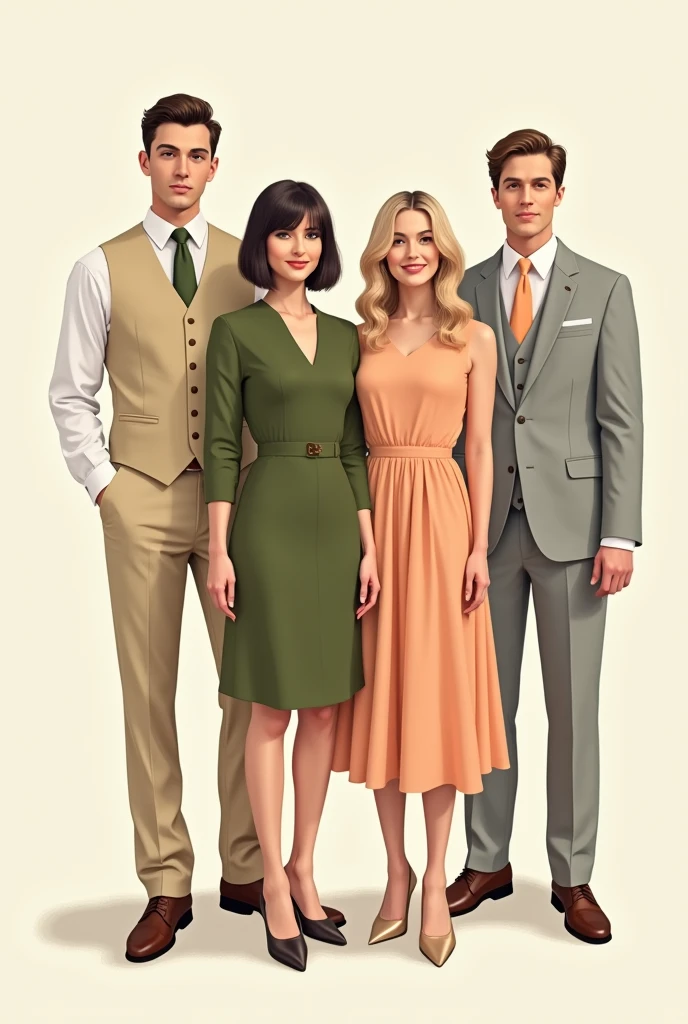 man in beige vest and pants with olive green tie, a woman in an olive green dress, another woman in a peach colored dress, and another man in a light gray jacket and light gray pants, with peach colored tie
