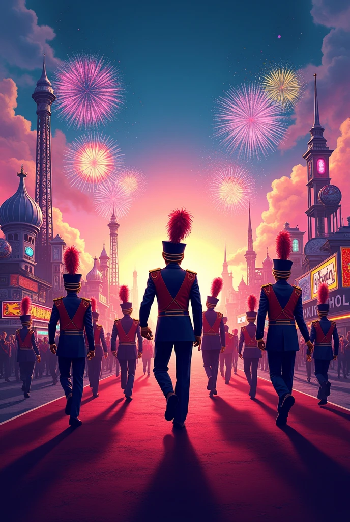 A marching band event flyer with a modern fair in the background and games behind it that don't look like a town, that is, a city with colors. I need mechanical games and fireworks.