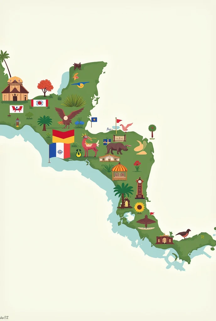 Illustrate the map of Central America, But within each country it draws its national symbols , flag, shield, Ave, tree
