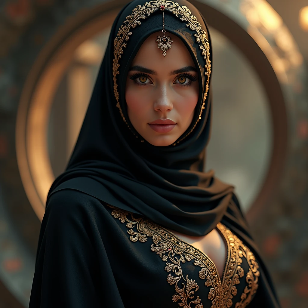a beautiful busty hijabi muslim girl, extremely detailed facial features, beautiful eyes, long eyelashes, stunning lips, ornate hijab, traditional pakistani attire, navel exposed, seductive expression, cinematic lighting, intricate detailed background, fantasy sci-fi futuristic elements, photorealistic, 8k, best quality, masterpiece