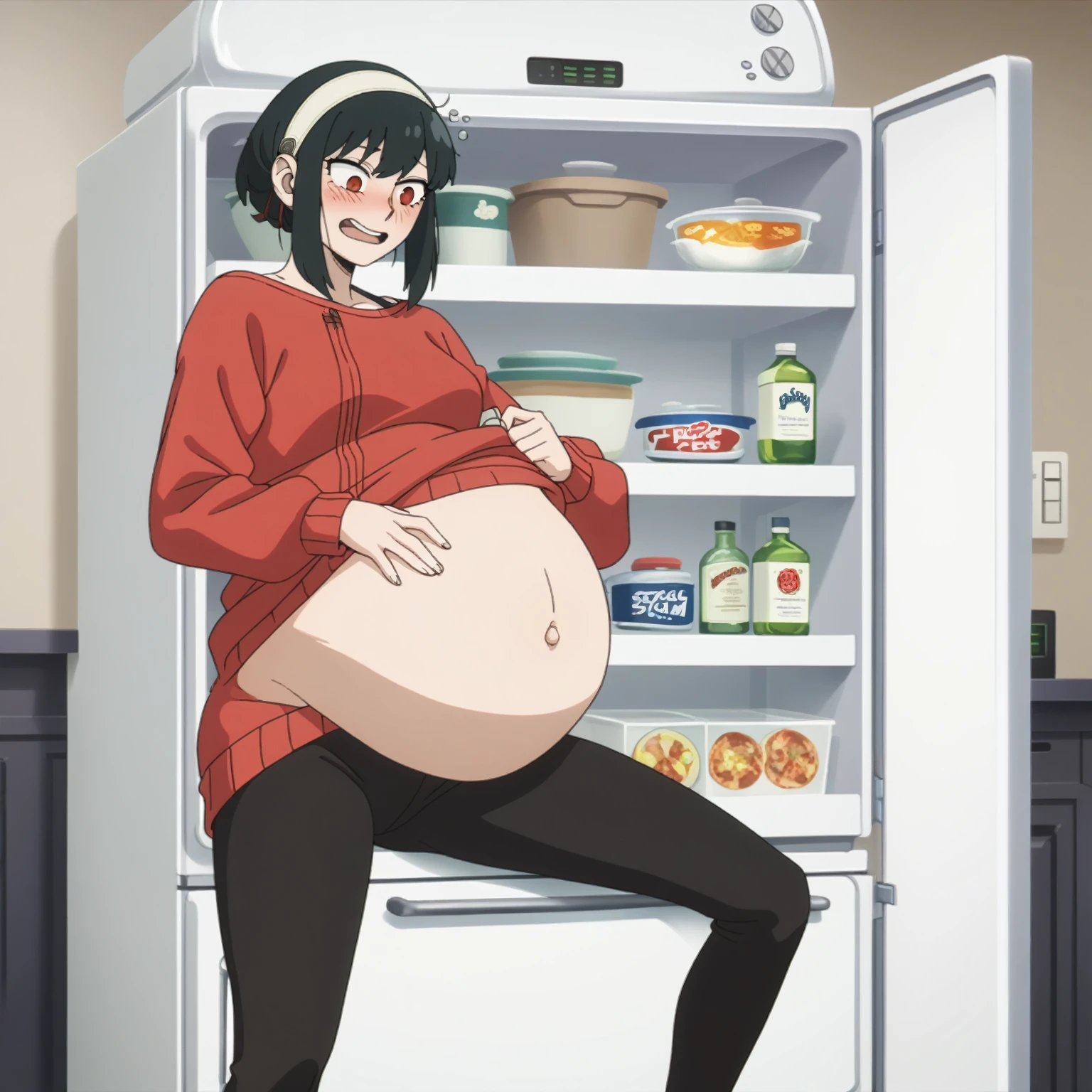 I look at the viewer, One, yorforger,1 girl, ((medium breast)), ((belly stuffed)), ((huge belly)), ((Very drunk)), ((staggers)), black hair, Red eyes, short hair with long strands, white hair band, from the shoulder, ((red sweater)), black tights, ((drank too much)), ((exhausted)), ((excited)), ((in front of the refrigerator)), ((Outdoor refrigerator)), ((lean on the fridge)),