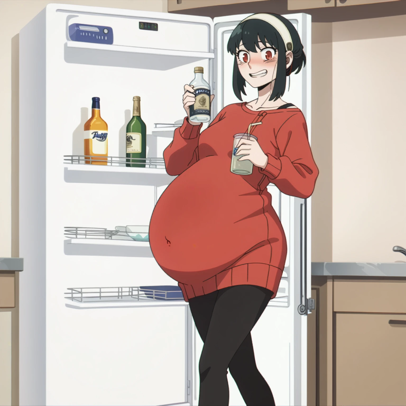 I look at the viewer, One, yorforger,1 girl, ((medium breast)), ((belly stuffed)), ((huge belly)), ((Very drunk)), ((staggers)), black hair, Red eyes, short hair with long strands, white hair band, from the shoulder, ((red sweater)), black tights, ((drank too much)), ((exhausted)), ((excited)), ((in front of the refrigerator)), ((Outdoor refrigerator)), ((lean on the fridge)),