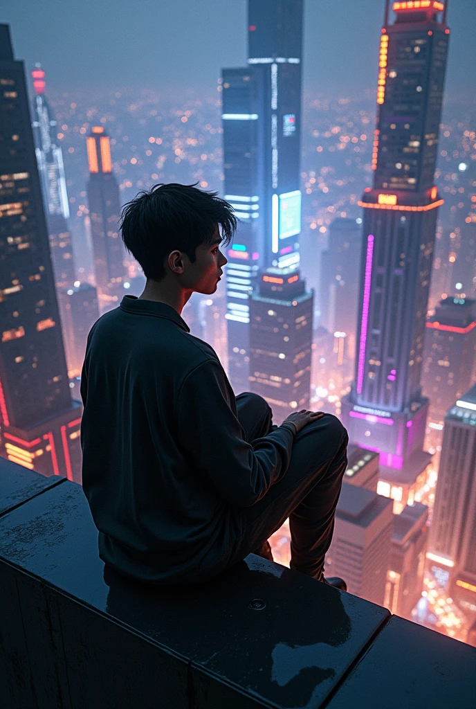 Generate me the image of a young man sitting on a building watching the city at night, buildings with incredible lights, cyber punk style, photorealist