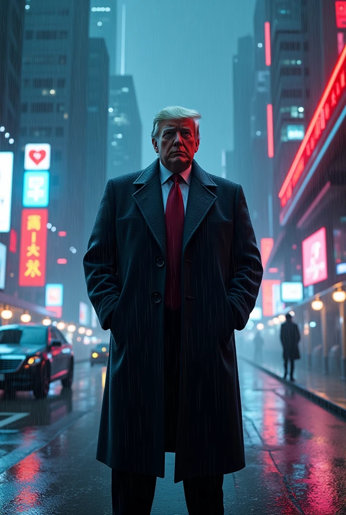 Donald Trump,night city,rain,coat,hands in pockets