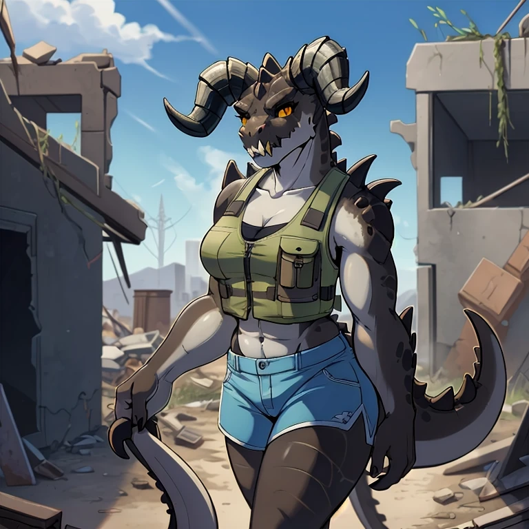 Solo, score_9,score_8_up,score_7_up, source_anime, aegis, kemono style, aegis, Anthro reptile girl, snout, green scaled skin, yellow eyes, black lips, black ram horns, tail, black lips, tall, Anthro deathclaw from fallout, deathclaw girl, (best quality), (4k), bulletproof vest, holding a rusty gun, blue shorts, in a ruined city, looking at viewer, 