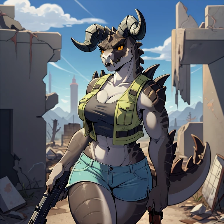 Solo, score_9,score_8_up,score_7_up, source_anime, aegis, kemono style, aegis, Anthro reptile girl, snout, green scaled skin, yellow eyes, black lips, black ram horns, tail, black lips, tall, Anthro deathclaw from fallout, deathclaw girl, (best quality), (4k), bulletproof vest, holding a rusty gun, blue shorts, in a ruined city, looking at viewer, 