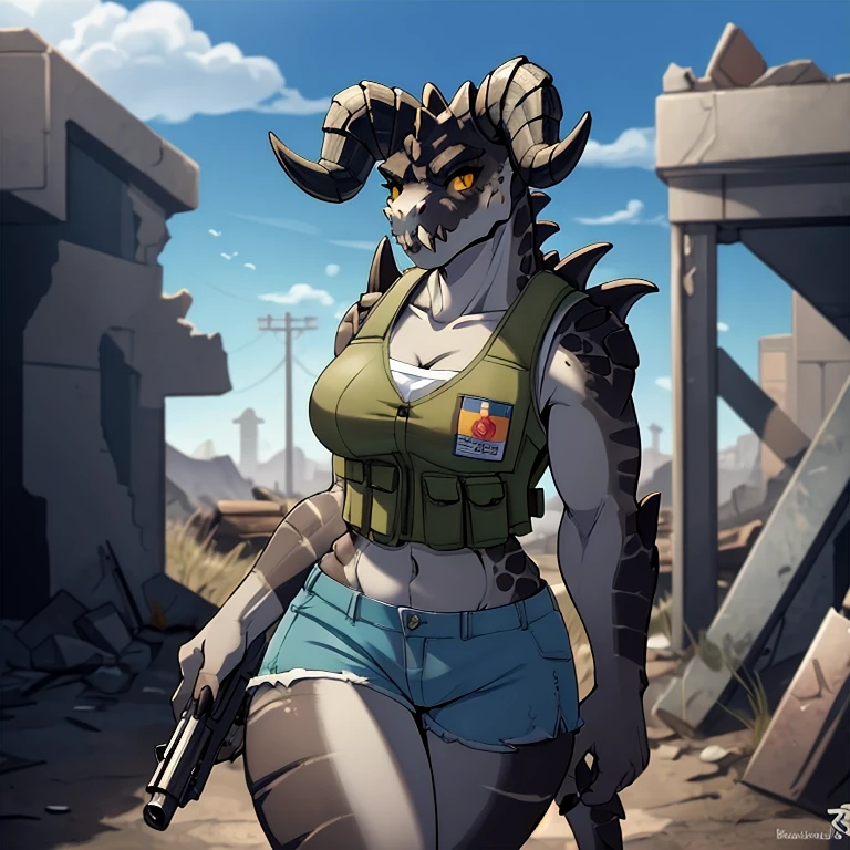 Solo, score_9,score_8_up,score_7_up, source_anime, aegis, kemono style, aegis, Anthro reptile girl, snout, green scaled skin, yellow eyes, black lips, black ram horns, tail, black lips, tall, Anthro deathclaw from fallout, deathclaw girl, (best quality), (4k), bulletproof vest, holding a rusty gun, blue shorts, in a ruined city, looking at viewer, 