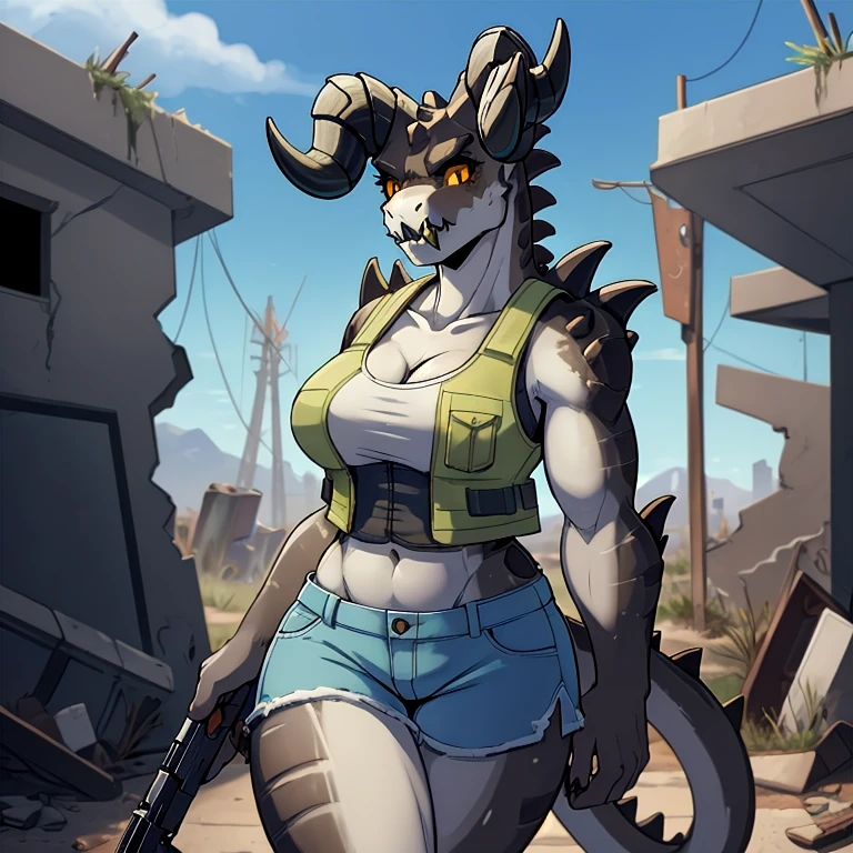 Solo, score_9,score_8_up,score_7_up, source_anime, aegis, kemono style, aegis, Anthro reptile girl, snout, green scaled skin, yellow eyes, black lips, black ram horns, tail, black lips, tall, Anthro deathclaw from fallout, deathclaw girl, (best quality), (4k), bulletproof vest, holding a rusty gun, blue shorts, in a ruined city, looking at viewer, 