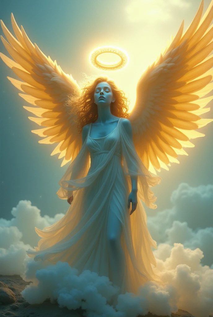 A blue angel with yellow wings There is a yellow ring on his head