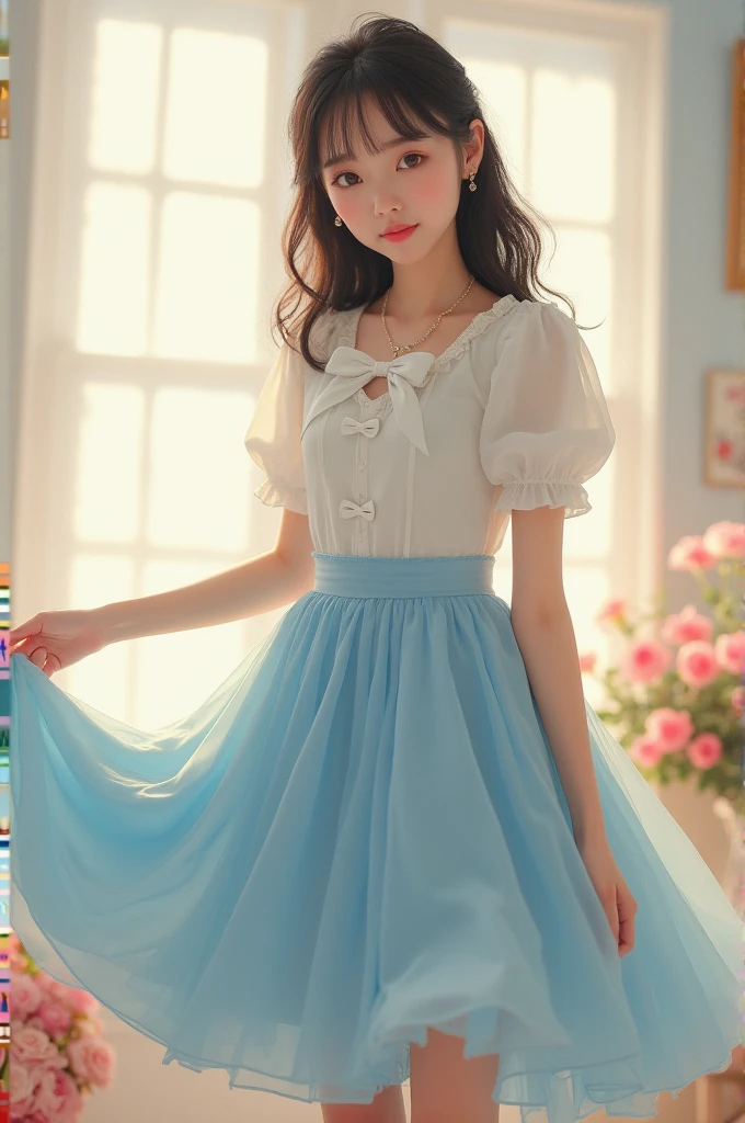 Create a look with a short light blue balloon skirt with a white puff sleeve blouse with bows on the front 