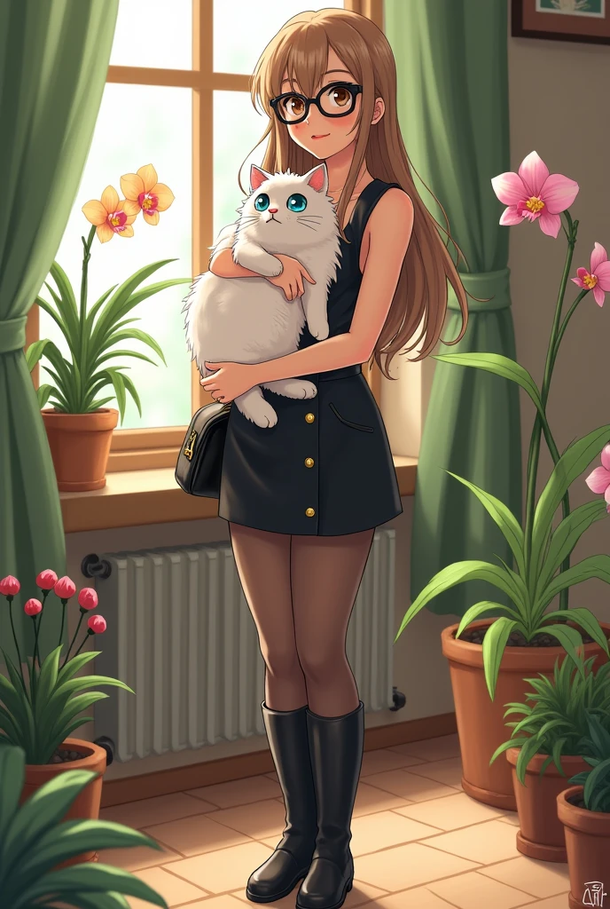 Woman of medium build, Brown eyes, long light brown hair, thick lips, with an eyebrow piercing, black frame glasses, wearing a black skirt, a black tank top, with black knee-high boots, Black sheer stockings, black bag, smilingly carrying a white cat with blue eyes, in a home room background with plants and orchids, Hayao Miyazaki animation style 