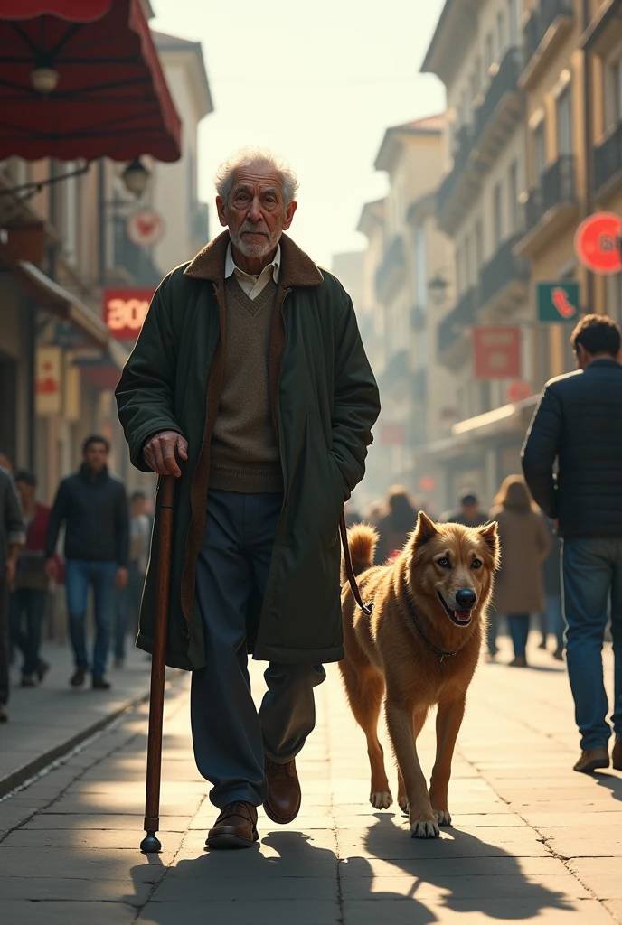 A old man walking in the street with his dog