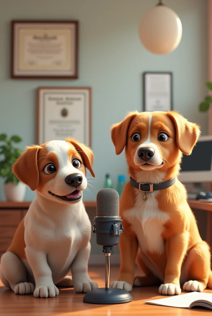 Veterinary Podcast, dogs sitting talking into a microphone in a veterinary office